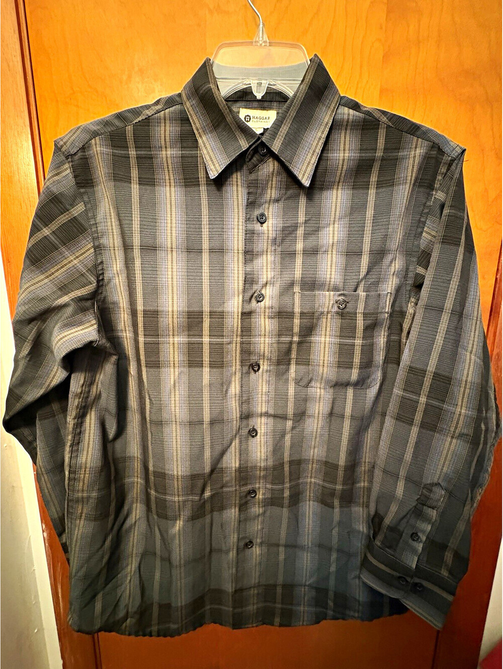 Haggar Men’s Small Plaid Long Sleeve Button Down Shirt Black Gray